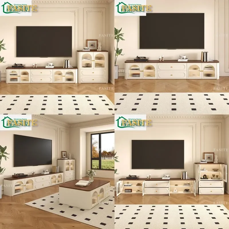 For Small Apartment Living Room French Cream TV Cabinet Coffee Table Combo Integrated Floor Storage Locker Modern Minimalist