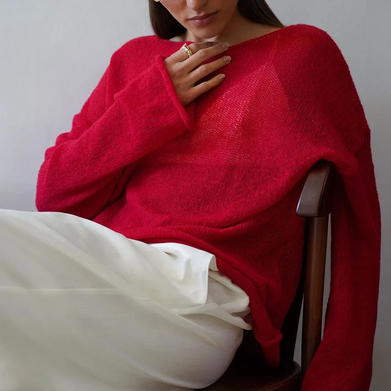 Pull Amissié Blanc et Marron pour Femme, Vêtement Sexy, Épicé, Col Rond, Manches Évasées, Printemps Été, MY0106