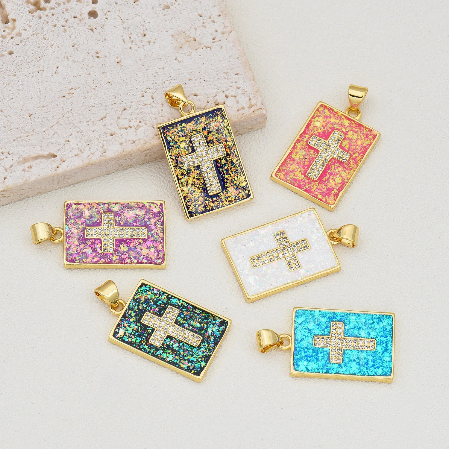 5pcs Copper Opal North American Style Cross Pendant Hanging Tag Accessorie DIY Pearl Necklace Jewelry Making Materials Wholesale