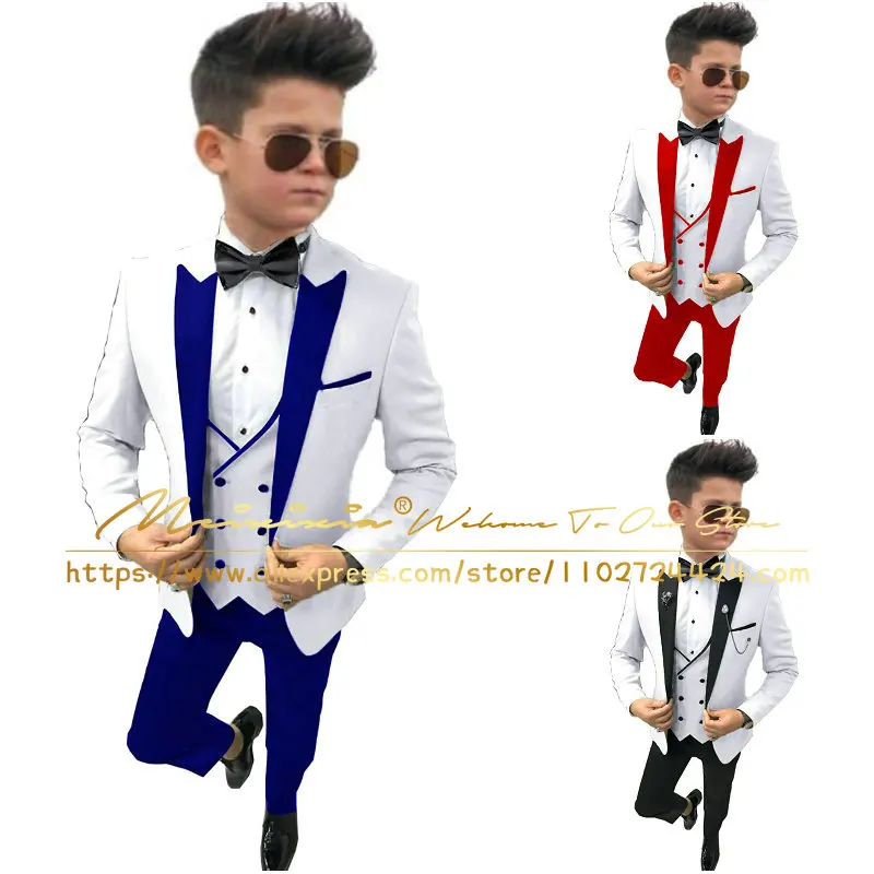 

Handsome White Boys Formal Suits Clothing Set Kids Coat Vest Pants 3Pcs Wedding Tuxedo Suit Children Blazer Party Costume