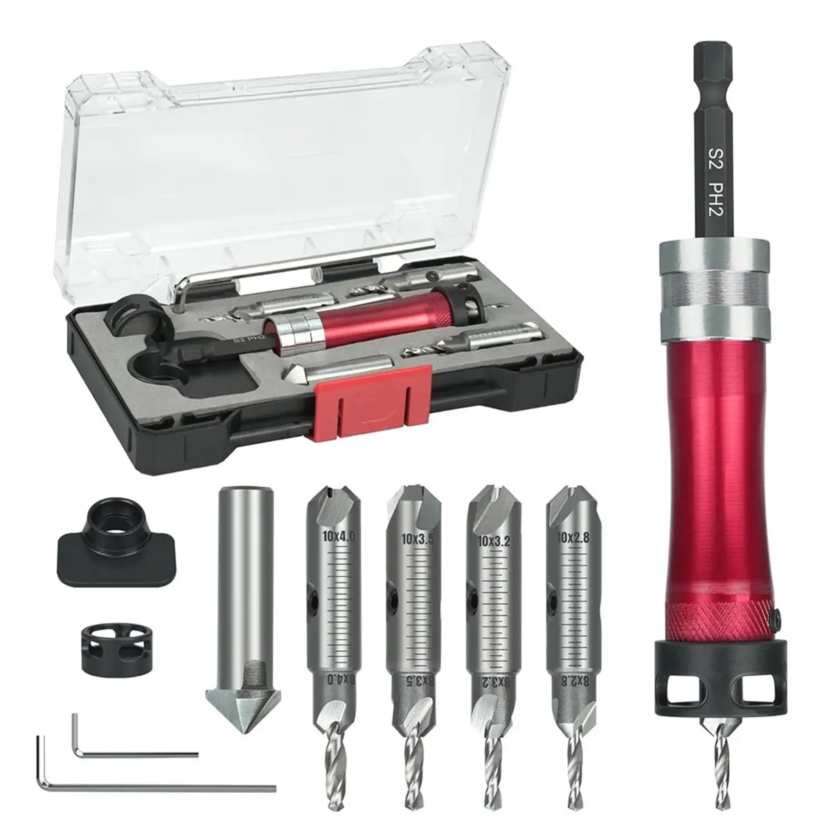 (A02R] Countersink Drill Bit Set with A Screwdriver Bit, 2.8/3.2/3.5/4.0mm Drill Dia X 8/10 mm Countersink Dia