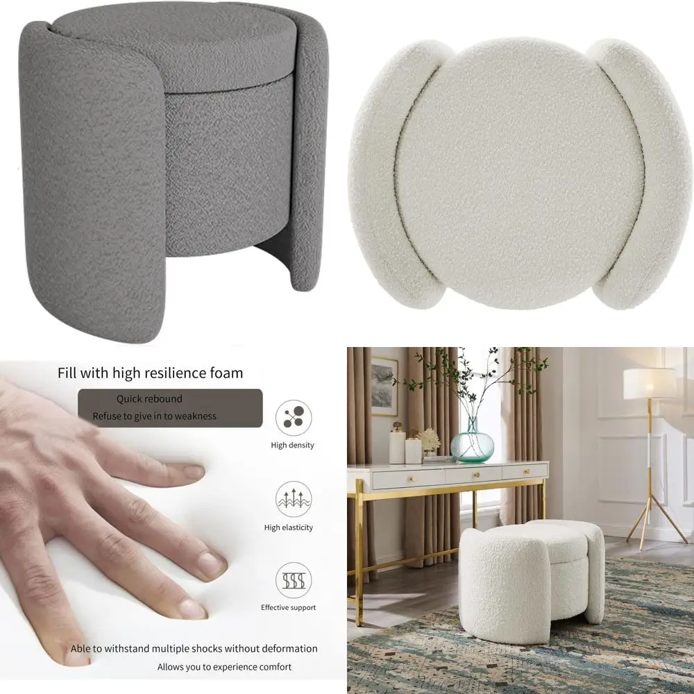Upholstered Storage Ottoman Vanity Stool, Plush Fabric Sofa Chair with Lid Storage, Deluxe Round Arm Ottoman for Living Spaces a