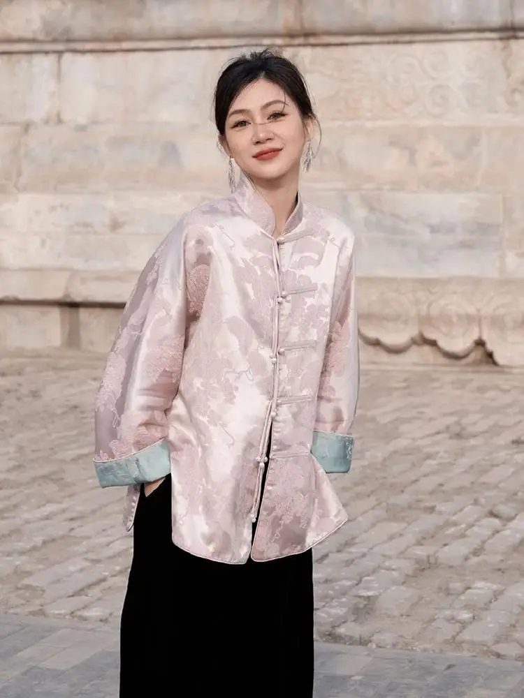 

Spring Autumn Light Chinese Style Women's Jacket Pink Thin Shirt Improved Tang Costume New Model Loose Fit Regular Length