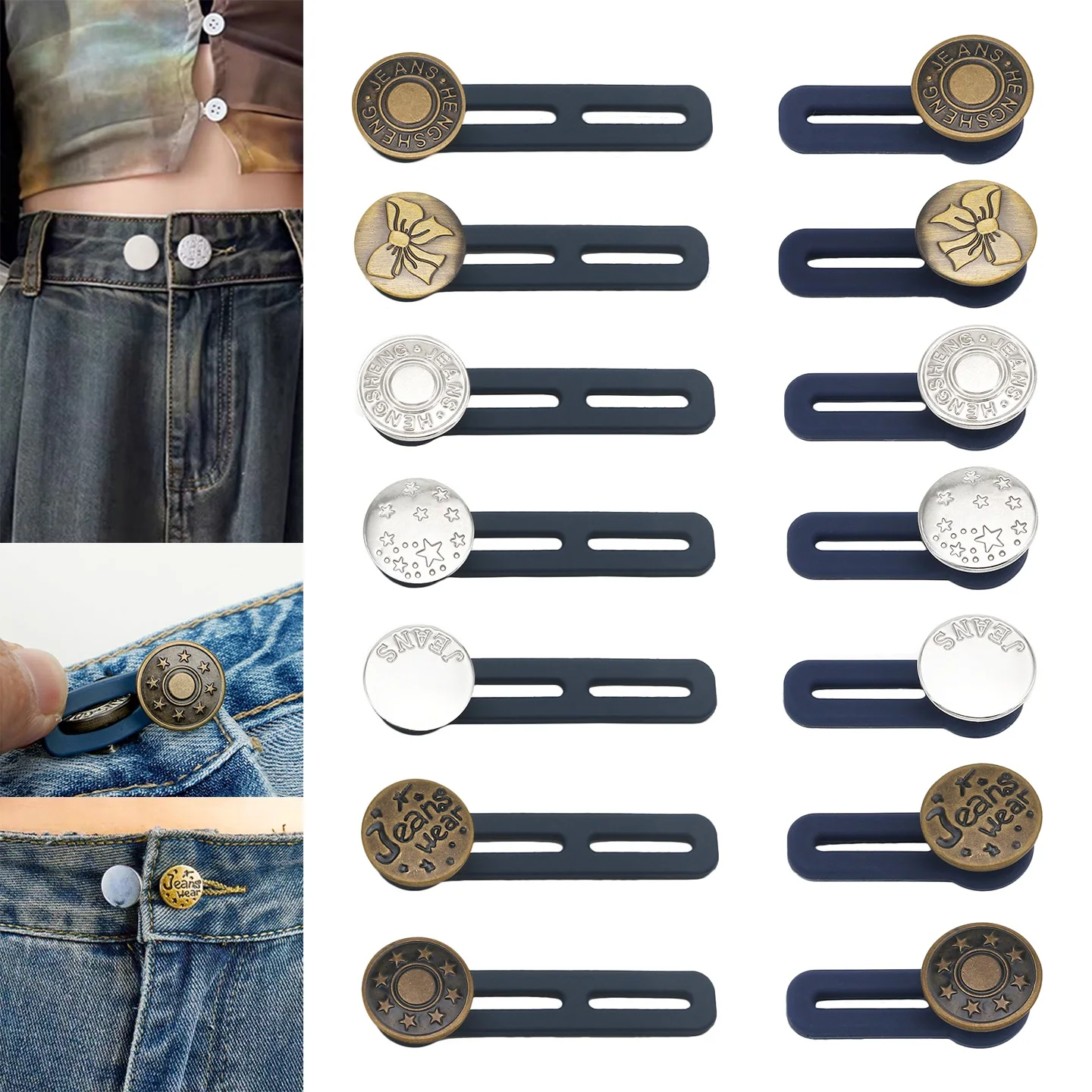6PCs Pants Jeans Metal Button Extender Free Sewing Universal Retractable Waist Expander, Instant Belt Buckle Extension Solution