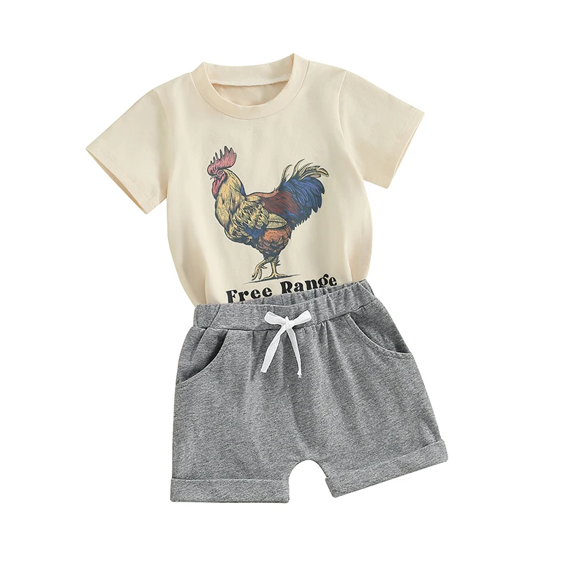 Baby Boy Girl Summer Clothes Free Range Rooster Short Sleeve Shirt Solid Shorts Set Chicken Lover Gift Toddler Outfit