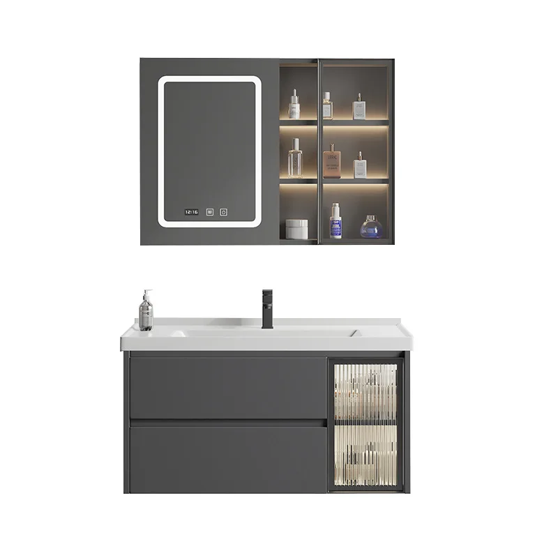 

Solid wood bathroom cabinet combined mirror cabinet rock slab integrated ceramic basin bathroom washstand