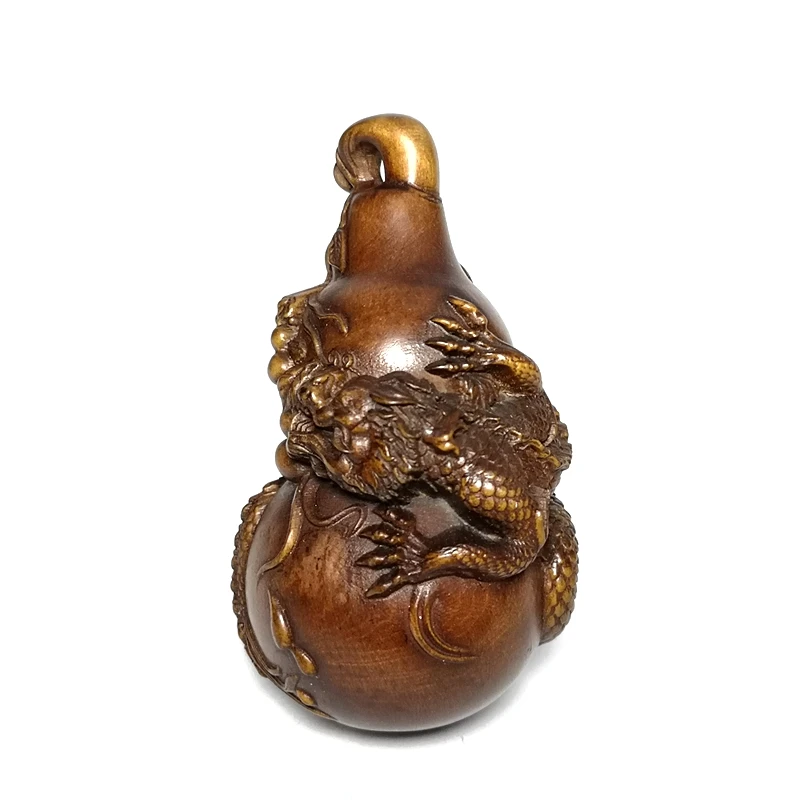 1919 Antique art Size 3 Inch Old Chinese boxwood Wood Hand carved dragon loong Lagenaria gourd family Fengshui pendan decoration