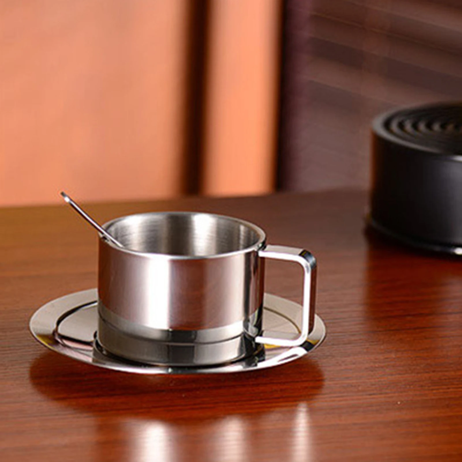 

3Pcs/Set 304 Stainless Steel Coffee Cup Double Wall Coffee Mug Spoon Saucer Set Kitchen Supplies
