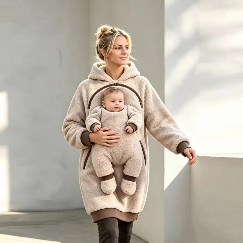 Lamb Fleece Hooded Pajamas With Baby Pockets Women's Casual Fleece Hoodie Winter Long Sleeved Comfortable Warmth Homewear Top