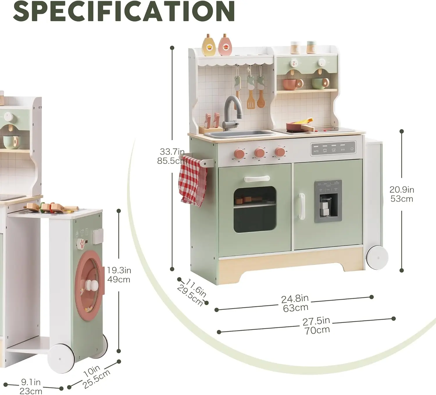 Wooden Play Kitchen Set for Kids Toddlers, Pretend Kitchen Playset with BBQ Grill, Ice Maker, Coffee Machine, and Accessories, T