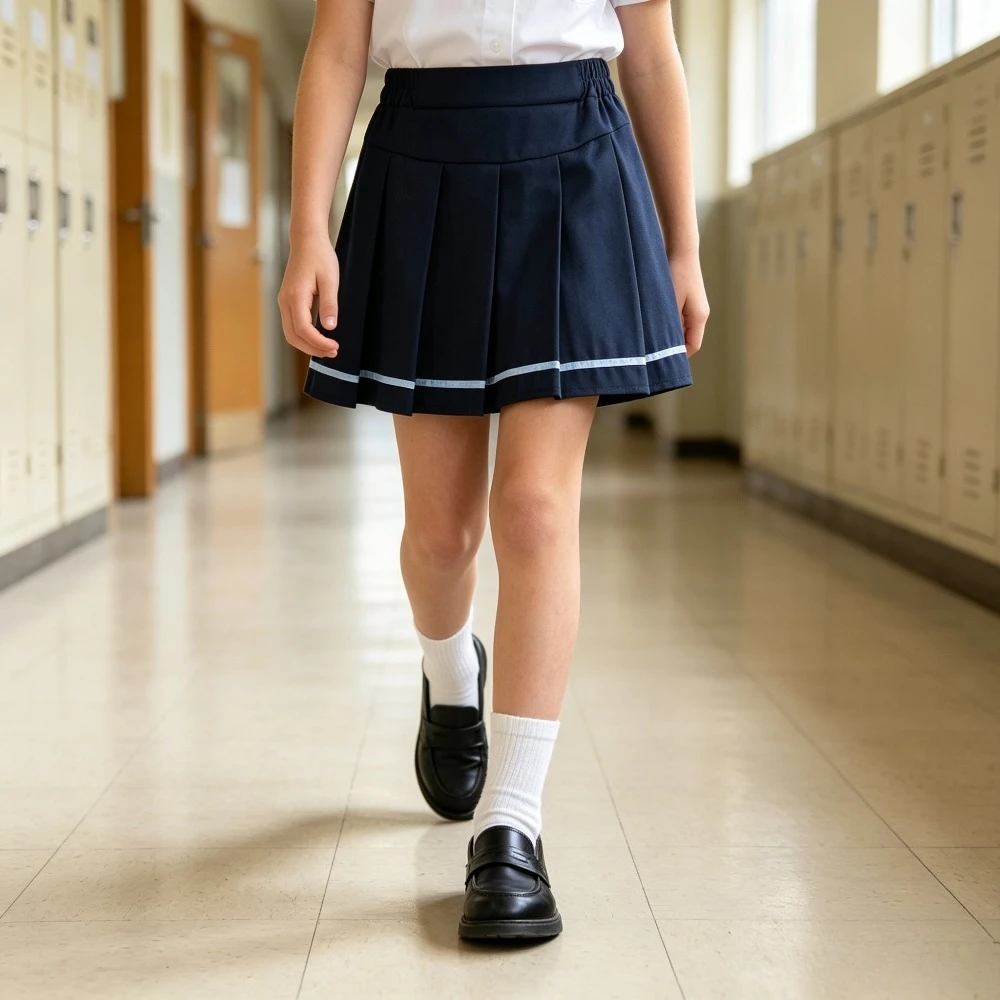 Girls Pleated Skirt Striped Hem Smocked Waist Cheerleader Tennis Skirt Sporty School Casual Navy Blue Bottoms Performance Wear