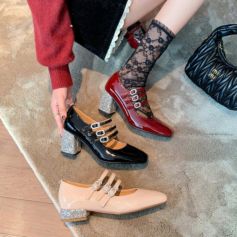 

New women's genuine leather, cowhide, patent leather square toe, low heel, high heel, rhinestone belt buckle, Mary Jane shoes