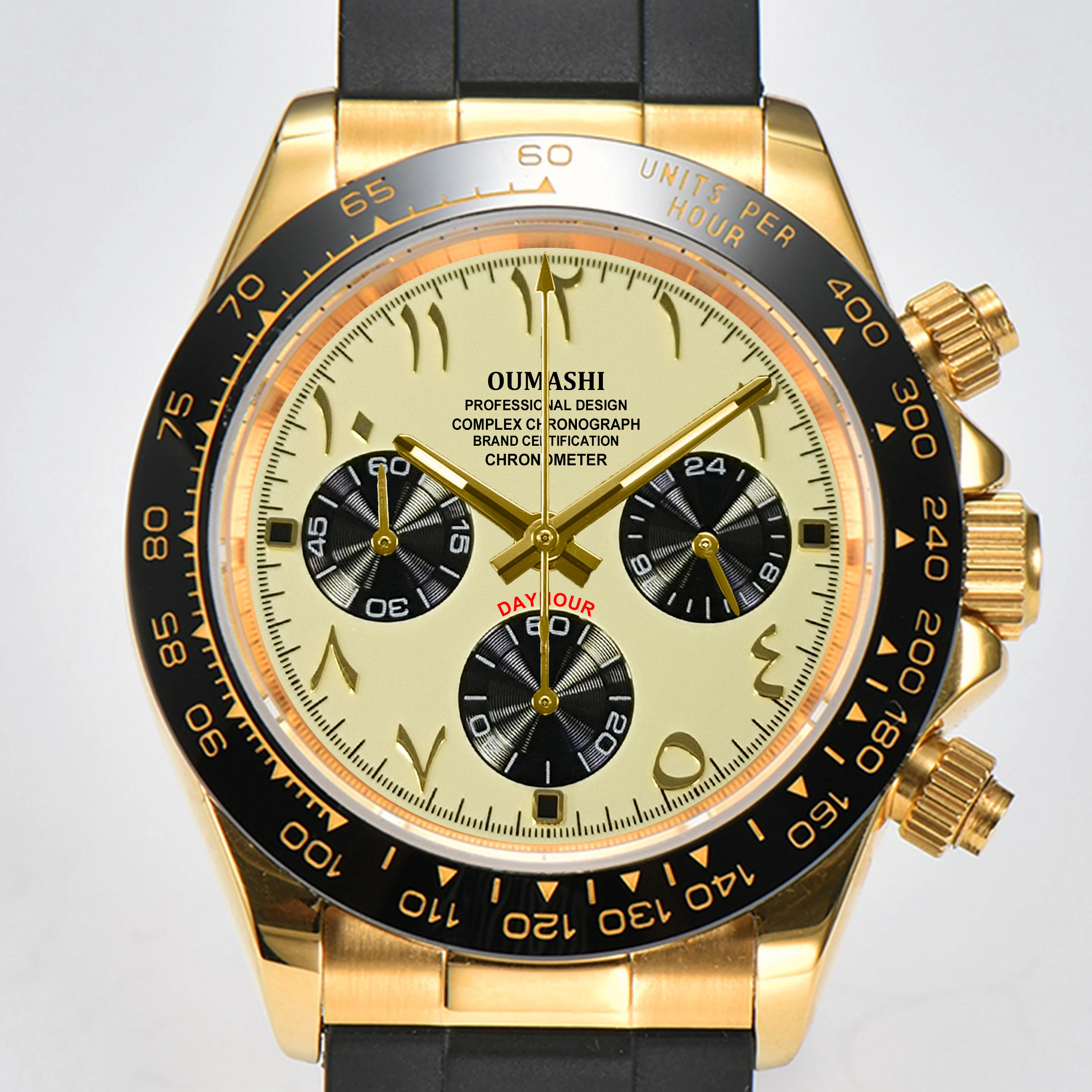 OUMASHI 42 mm goldene Herren-Chronographenuhr mit arabischen Ziffern, VK63, Quarzwerk, C3, leuchtendes, wasserdichtes Saphirglas 8