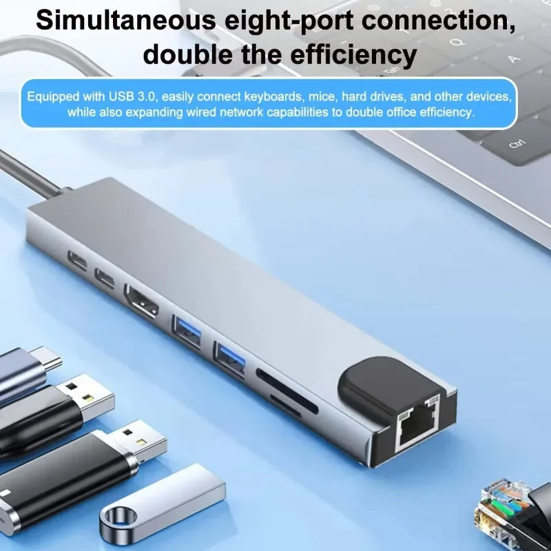 8‑Port All‑in‑one USB‑C Hub Multiport Adapter USB3.0 4K Screen Output RJ45 Ethernet Card Reader PD Charging for Laptop