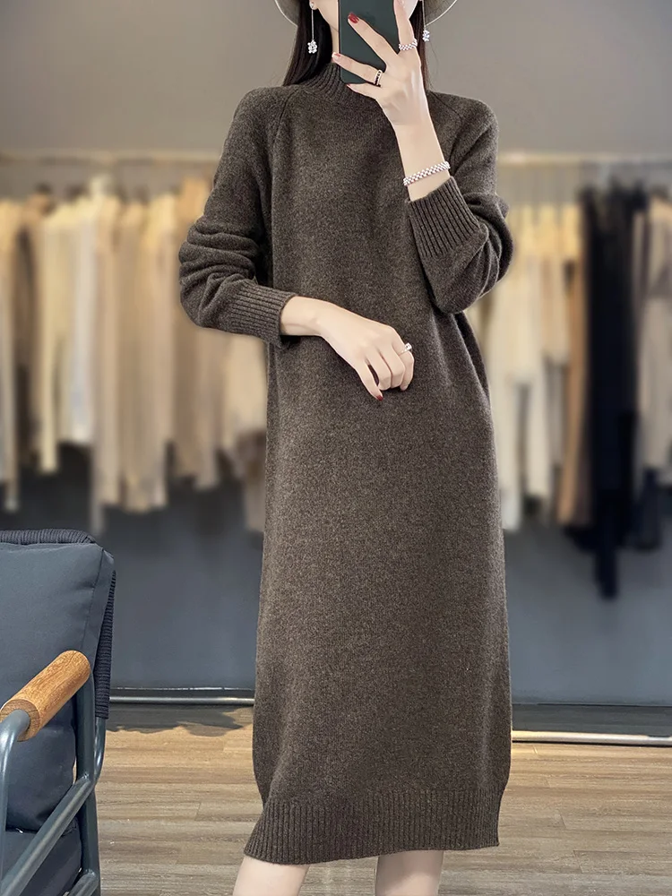 New Women Long Sweater Dress 100% Merino Wool Long Dress Autumn Winter Mock Neck Quality Cashmere Knitwear Basic Grace Dress