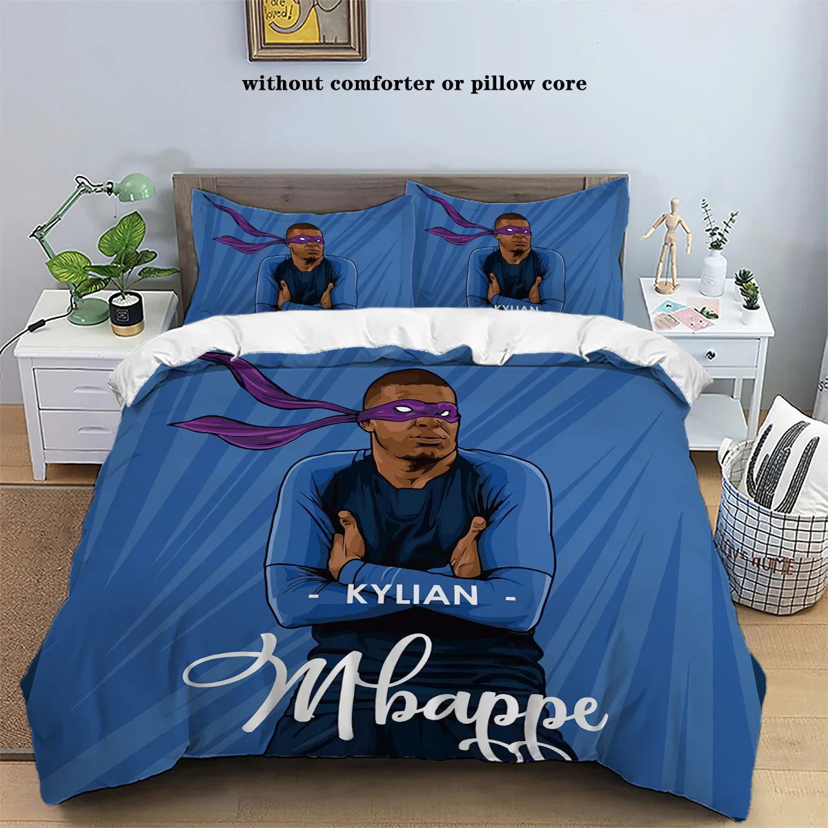 3pcs blue Mbappe cartoon print bedding set, 1 quilt cover + 2 pillowcases, no filling, skin-friendly, anti-pilling