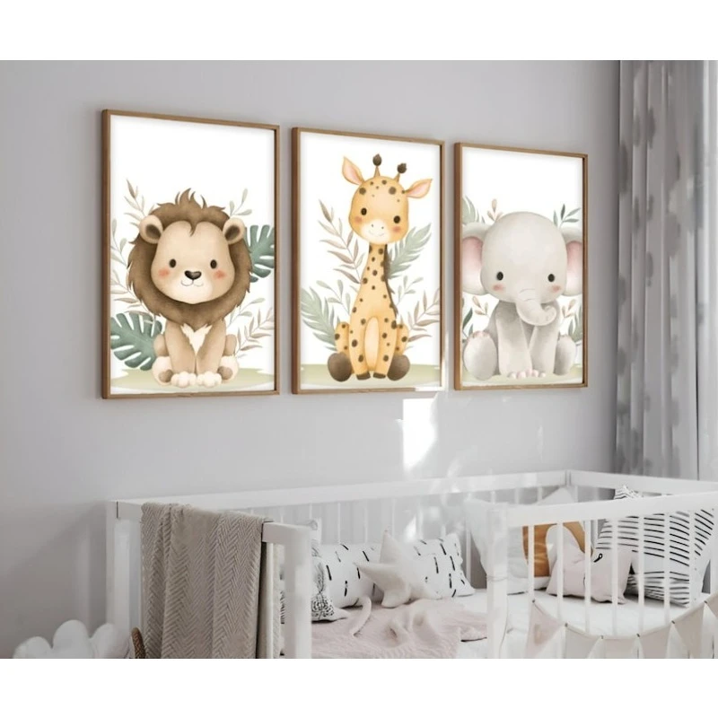 3pcs/set Safari Nursery Canvas Printing Lion Giraffe & Elephant Neutral Jungle Animal Wall Art Poster for Modern Home Decor Gift