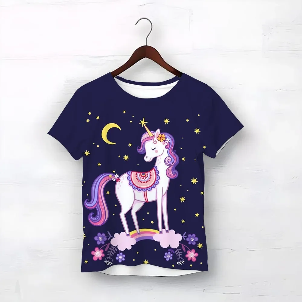 

Summer Cute Unicorse Hole Kids 、Cartoon Tshirt Children's Short Sleeve Print Casual Rainbow-colored Pony Tops for Boys and Girl