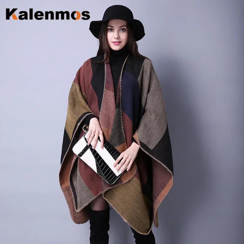 Autumn Winter Blanket Scarf Thick Wrap Poncho Women Plaid Travel Shawl Imitation Cashmere Capes National Wind Fork Thicker Cloak