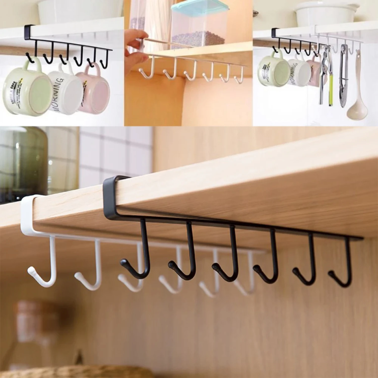 Sturdy and Space-Saving Under Shelf Cup Holder with Wine Glass Holder and Mug Cup Hanger - Multifunctional Kitchen Utensil Rack