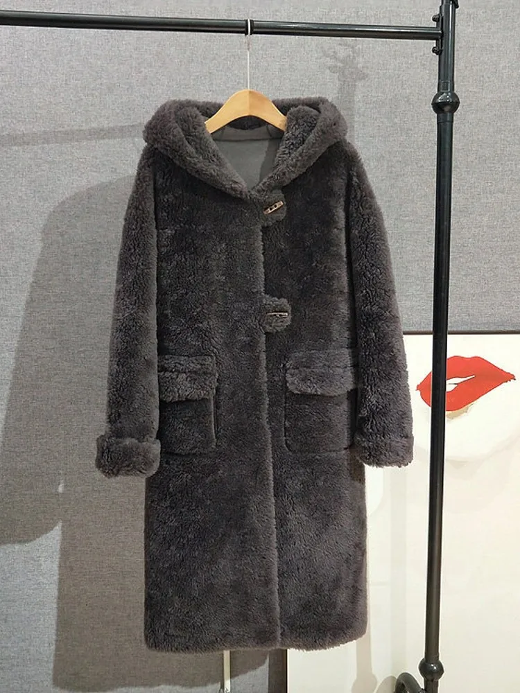 Winter Elegant Women 100% Wool Long Coat Loose Fit Thick Warm Real Sheep Fur Overcoat Ladies Work Casual Hooded Outerwear Coats