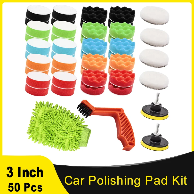 50 Pcs Car Polishing Pad Kit 3 Inch Car Wash Microfiber Drill Adapter Auto Polisher Attachment for Cars Trucks Motorcycles