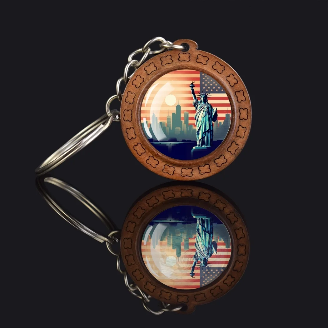 American Independence Day Keychain Statue of Liberty Wooden Pendant Keychain Retro USA Flag Keychain Jewelry Gift