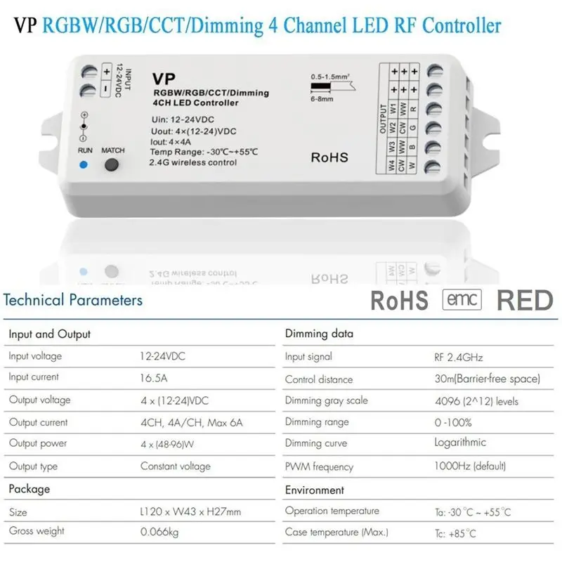 AAAN-DC12V 24V LED Controller 4CH Standalone Control RF Dimmer KIT 4 Channel 2.4G Remote For RGBW RGB CCT Dim LED Strip