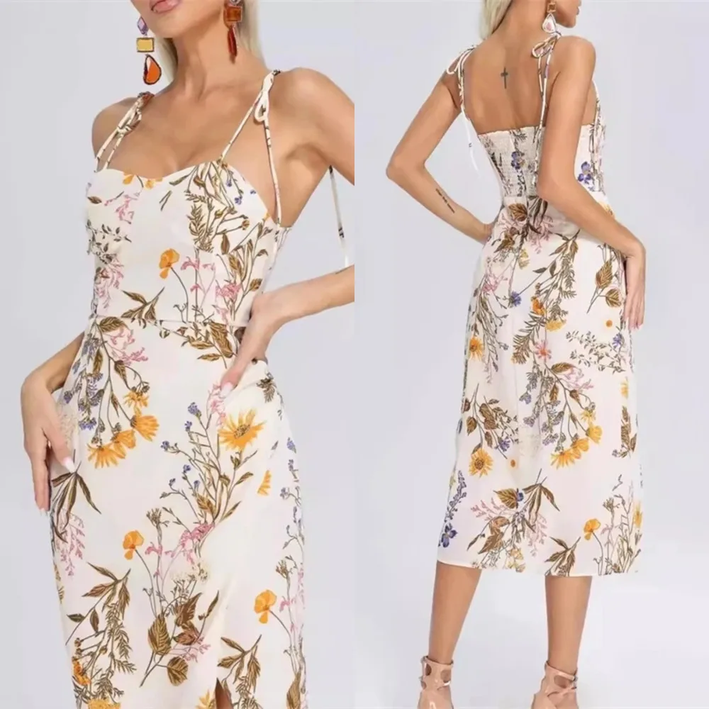 ใหม่ดอกไม้SuspenderแยกSlimแขนกุดPatry Beachสไตล์สปาเก็ตตี้ชุดเสื้อผ้าผู้หญิงภาษาฝรั่งเศสคําElegant Dress 2025