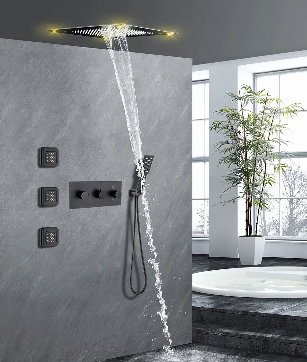 Black Square Canopy Concealed Shower Faucet Set with Thermostatic Switch Rainfall Function Wall Spray LED Light Made of Copper