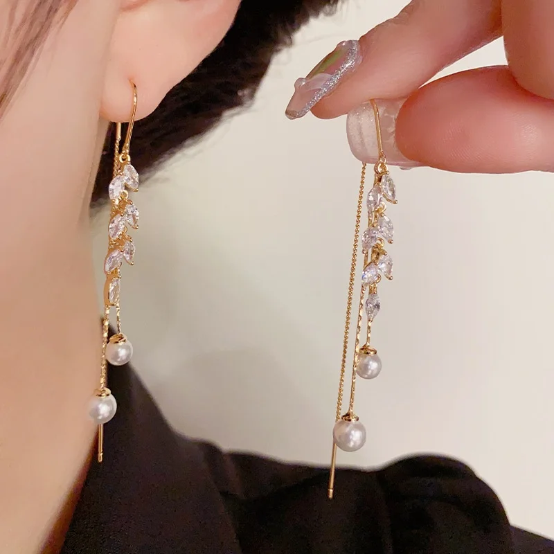 

Fashion Zircon Wheat Ear Design Long Pendant Earrings for Women New Stainless Steel Korean Earrings Jewelry Accessories Gifts