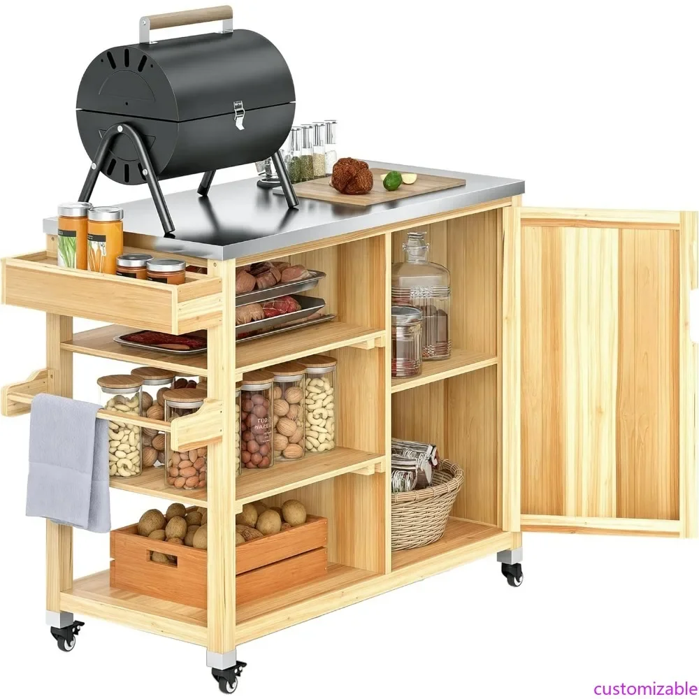 

Портативная уличная кухонная станция с рабочей поверхностью из нержавеющей стали и местом для хранения на колесах