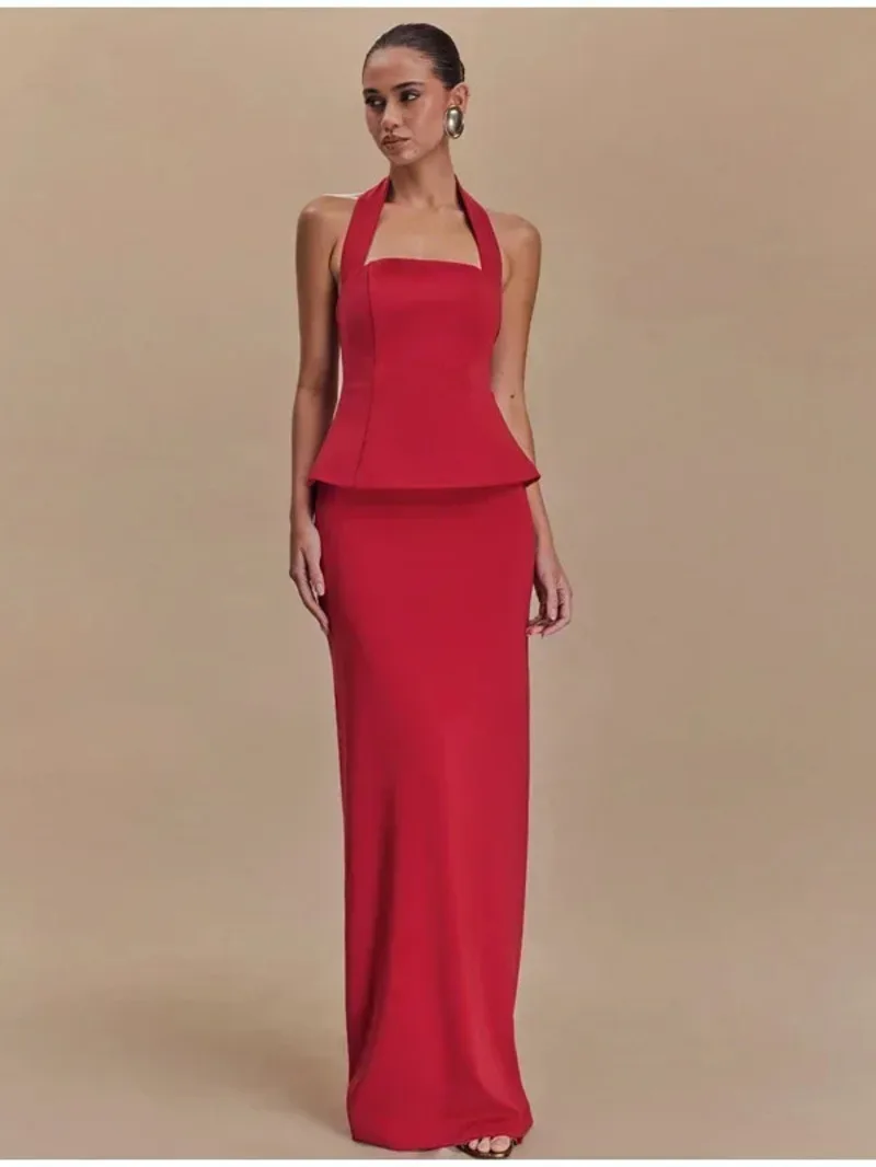 

Elegant Halter Top Skirts Set Women Solid Backless Sleeveless Crop Tops Split Long Skirt 2025 Spring Summer New Ladies ML79