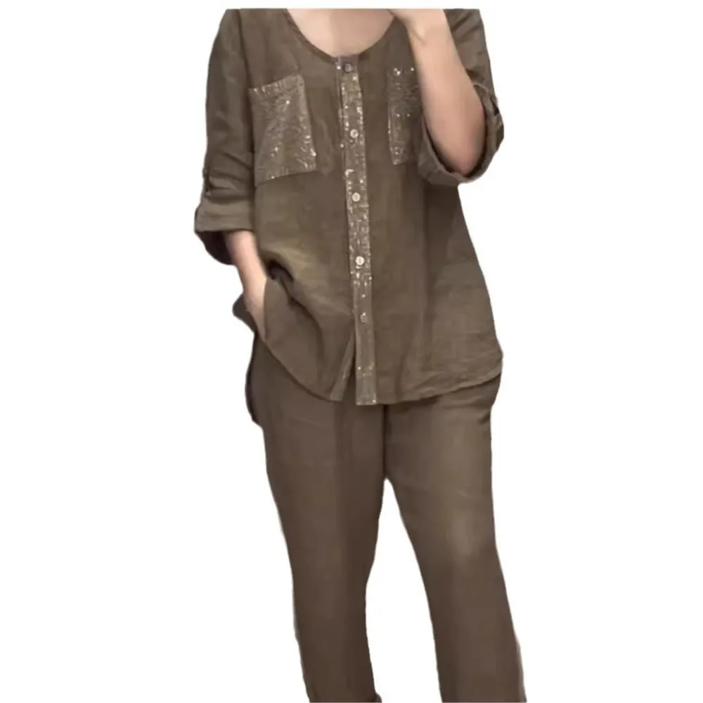 Camicia tascabile casual di colore moda Abito da donna Primavera Autunno Pantaloni slim con maniche a sette punti Tinta unita Set da 2 pezzi per