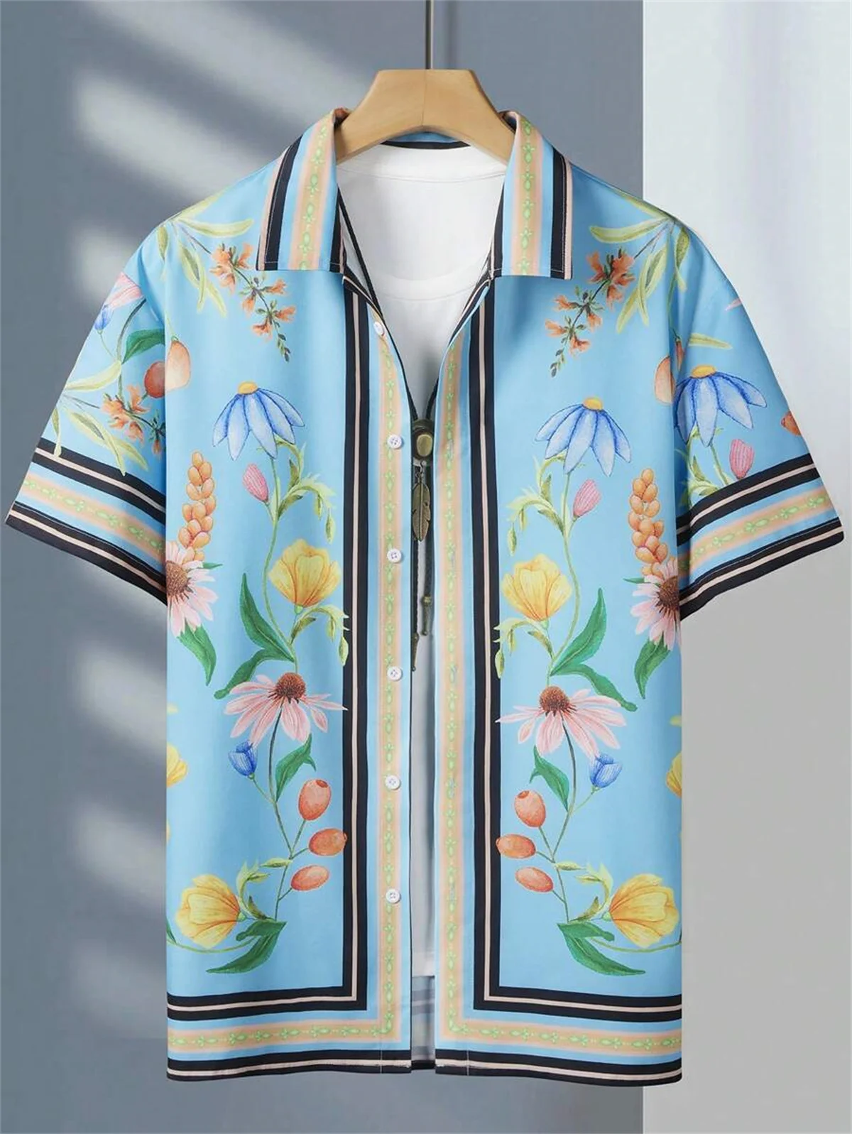 Camisa con estampado de flores para hombre, Tops de manga corta con solapa, estilo étnico tótem, informal, talla grande, novedad de 2024