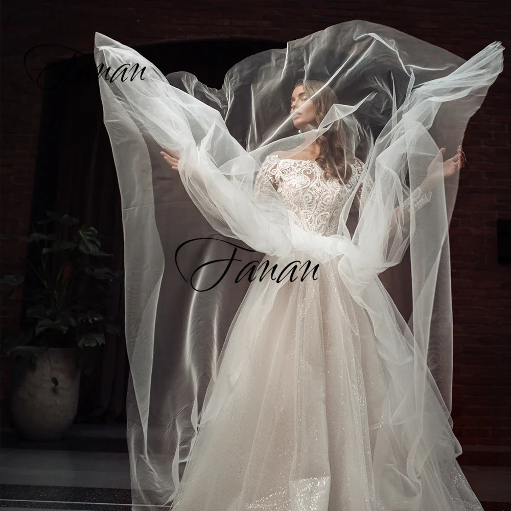 Robe de mariée en dentelle, col bateau, transparente, ligne a, manches longues, perles, Tulle, robe de soirée, robe de mariage