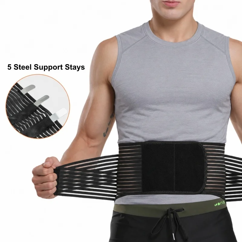 Lumbar Support Belt with 5 Removable Steel Plates Breathable Adjustable Waist Back Brace for Gym Lifting Sports Work