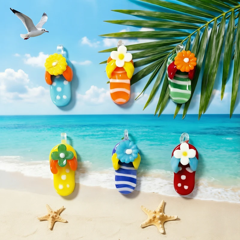 6pcs Hawaiian Style Mini Slipper Charms Glass Pendant Dopamine Jewelry Making Accessories for DIY Crafts Summer Vacation Gifts