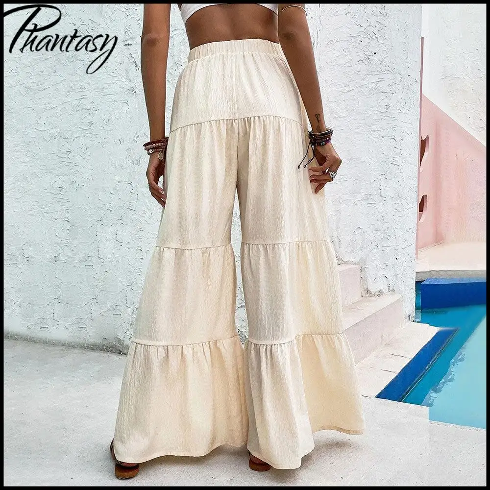 Versatile Commuter Wide-Leg Pants with Elastic Waistband, Patchwork and Pleated Design Casual Women's Summer Trousers Vacation