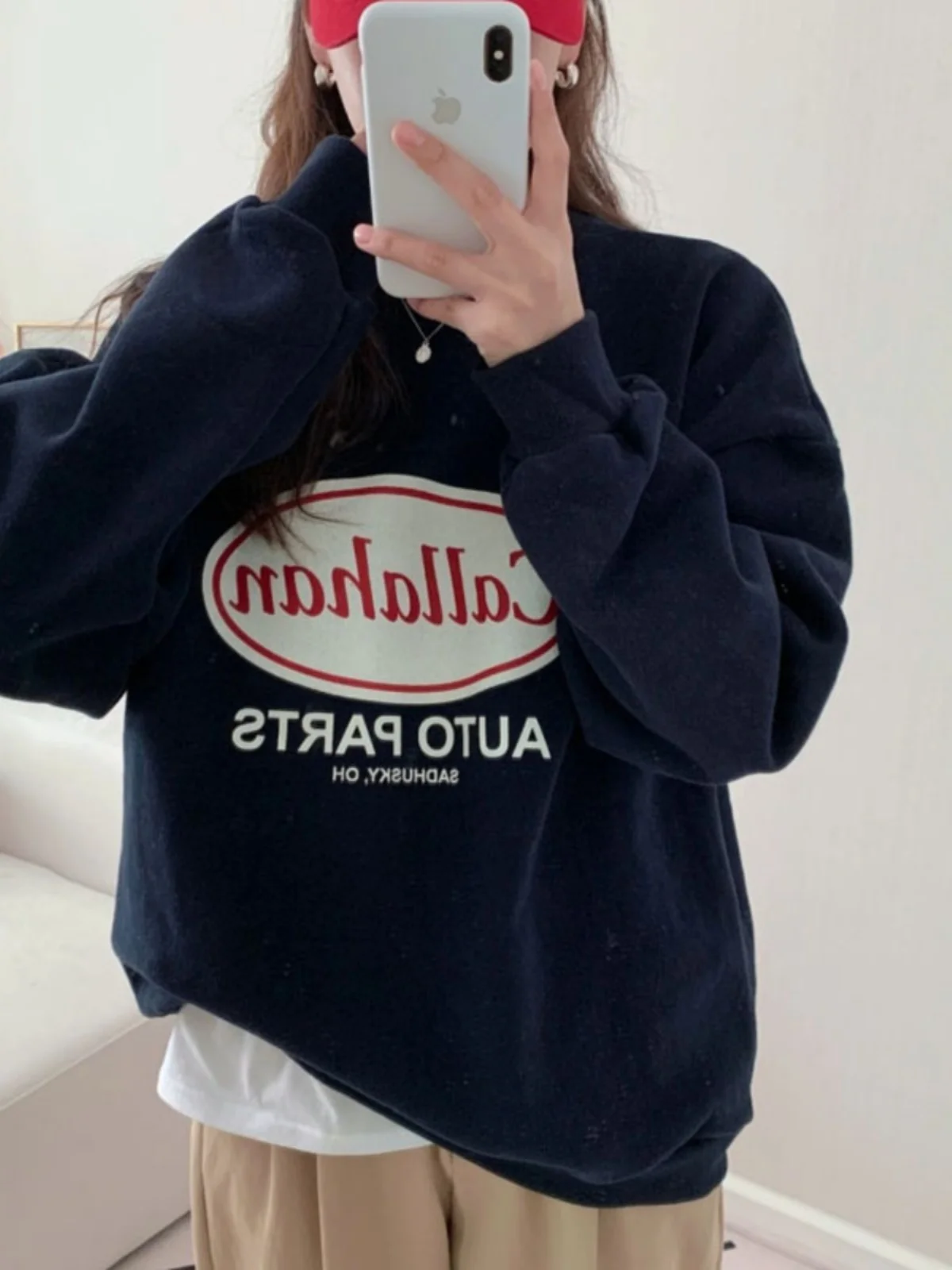 Oversize round Neck Sweatshirt Women's Korean Style Layered Wear Fleece Long Sleeve Commute Style Regular Length Fashionable