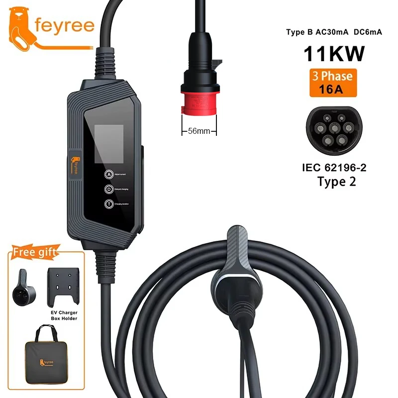 feyree Type2 EV Charger 11KW 16A 3Phase EVSE Portable Charging Box Male CEE Plug Current Adjustable for Electric Vehicle Charger