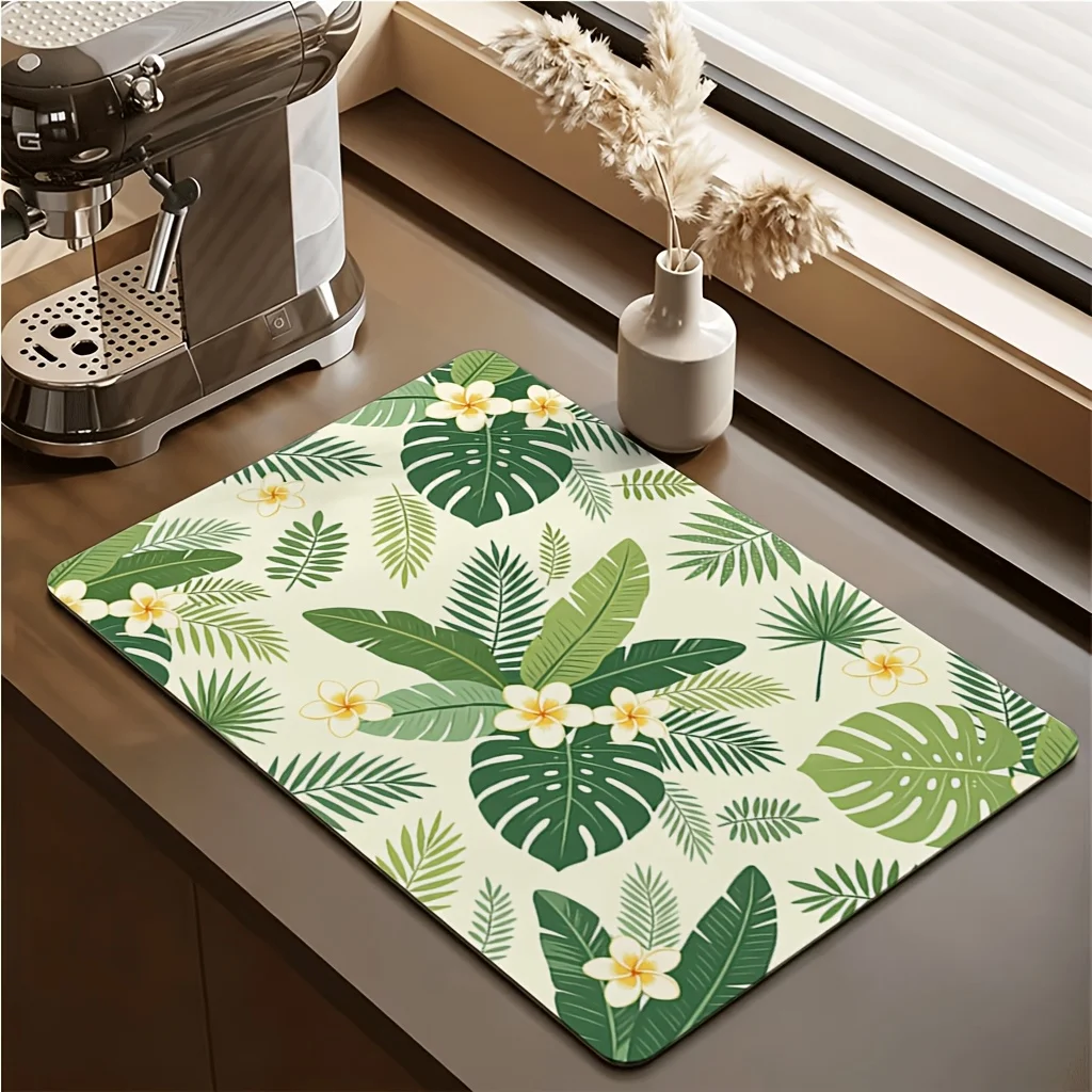 Modern Tropical Leaves Dish Drying Mat Monstera Plumeria Flower Counter Top Mat Super Absorbent Coffee Bar Kitchen Base Pad