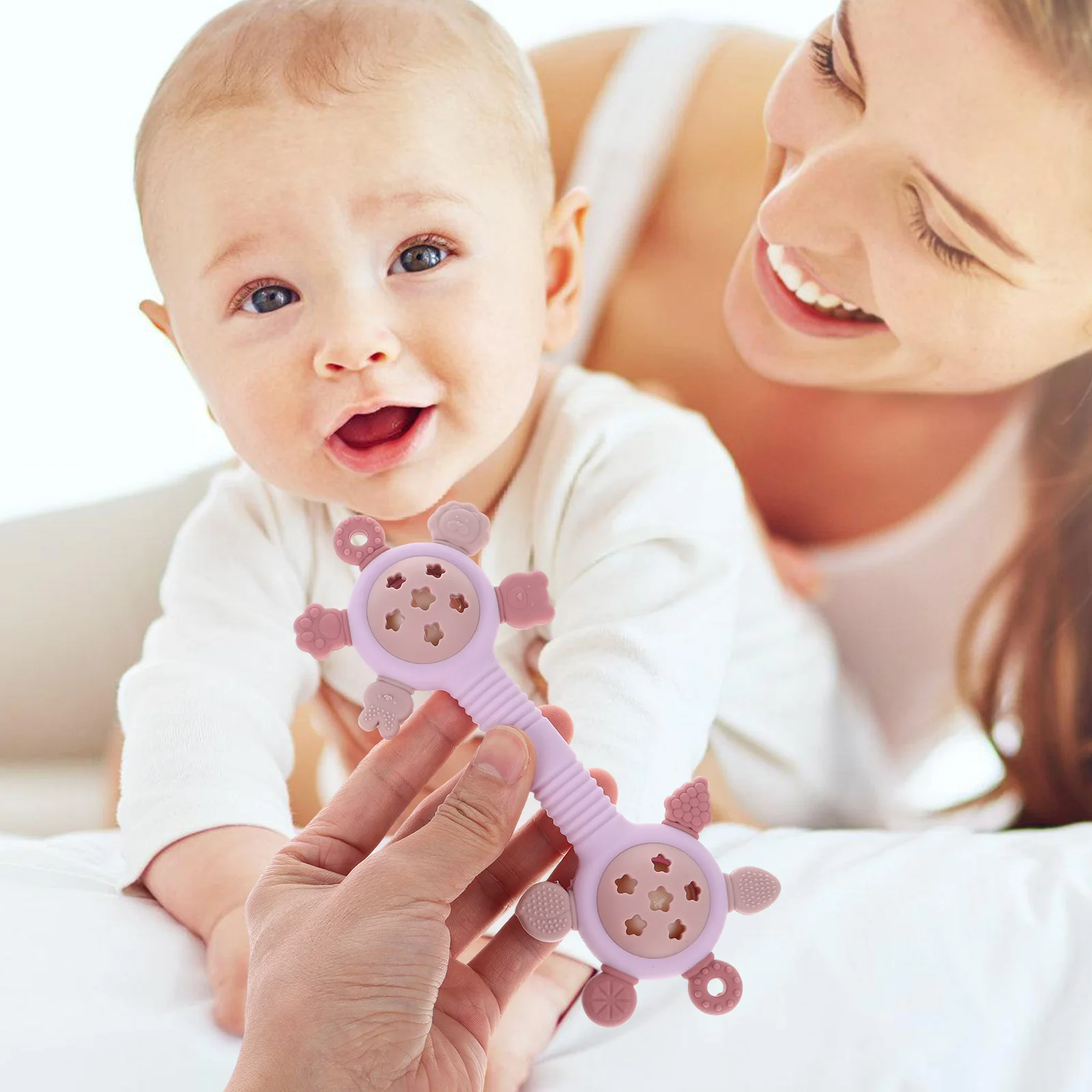เครื่องเขย่าซิลิโคนสำหรับเด็กทารก ดีไซน์แบบสองหัว สีชมพู วัสดุนุ่ม เสียงอ่อนโยน ปลอบประโลม สำหรับเด็กผู้หญิง ทารก และเด็กวัยหัดเดิน เพื่อความสบายและปลอดภัย