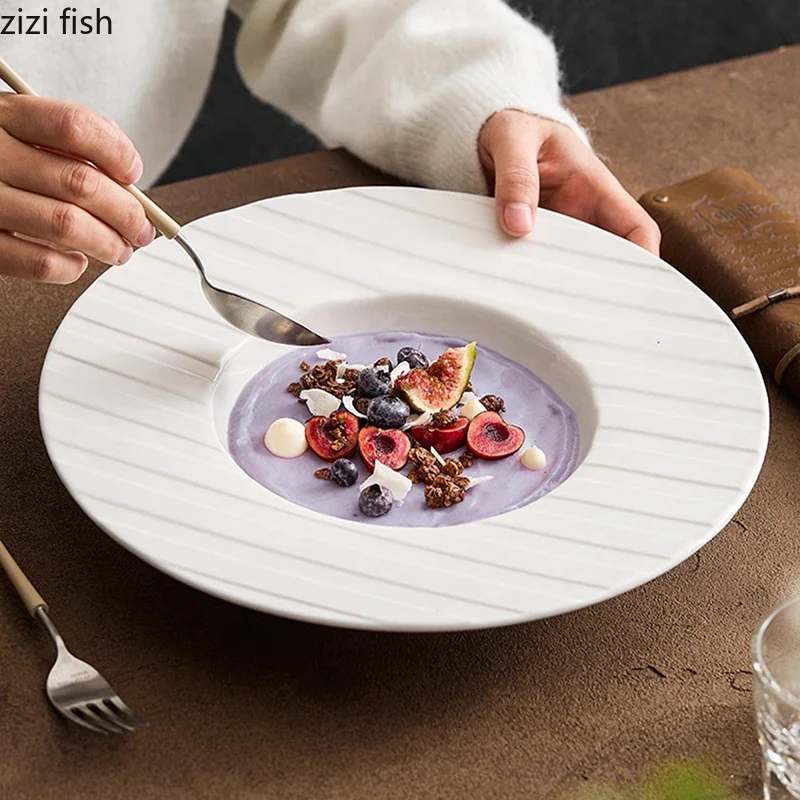 Pure White Striped Ceramic Thick Soup Plate Restaurant Deep Plate Salad Plate Dessert Dish Molecular Cuisine Specialty Tableware