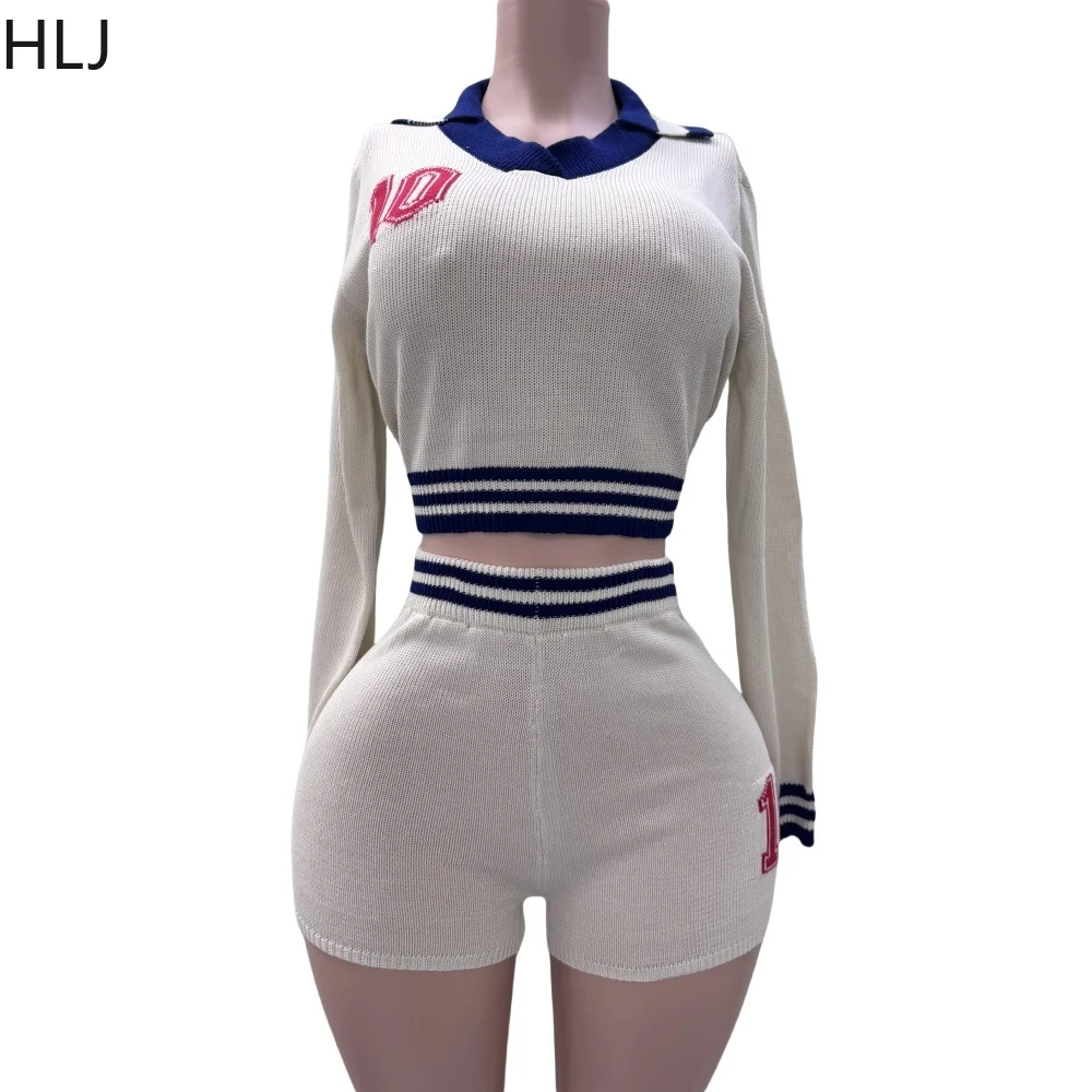 HLJ Fashion Print Knitted Sweater Two Piece Sets Women V Neck Long Sleeve Crop Top And Shorts Outfit Lady Stretchy 2pcs Clothing