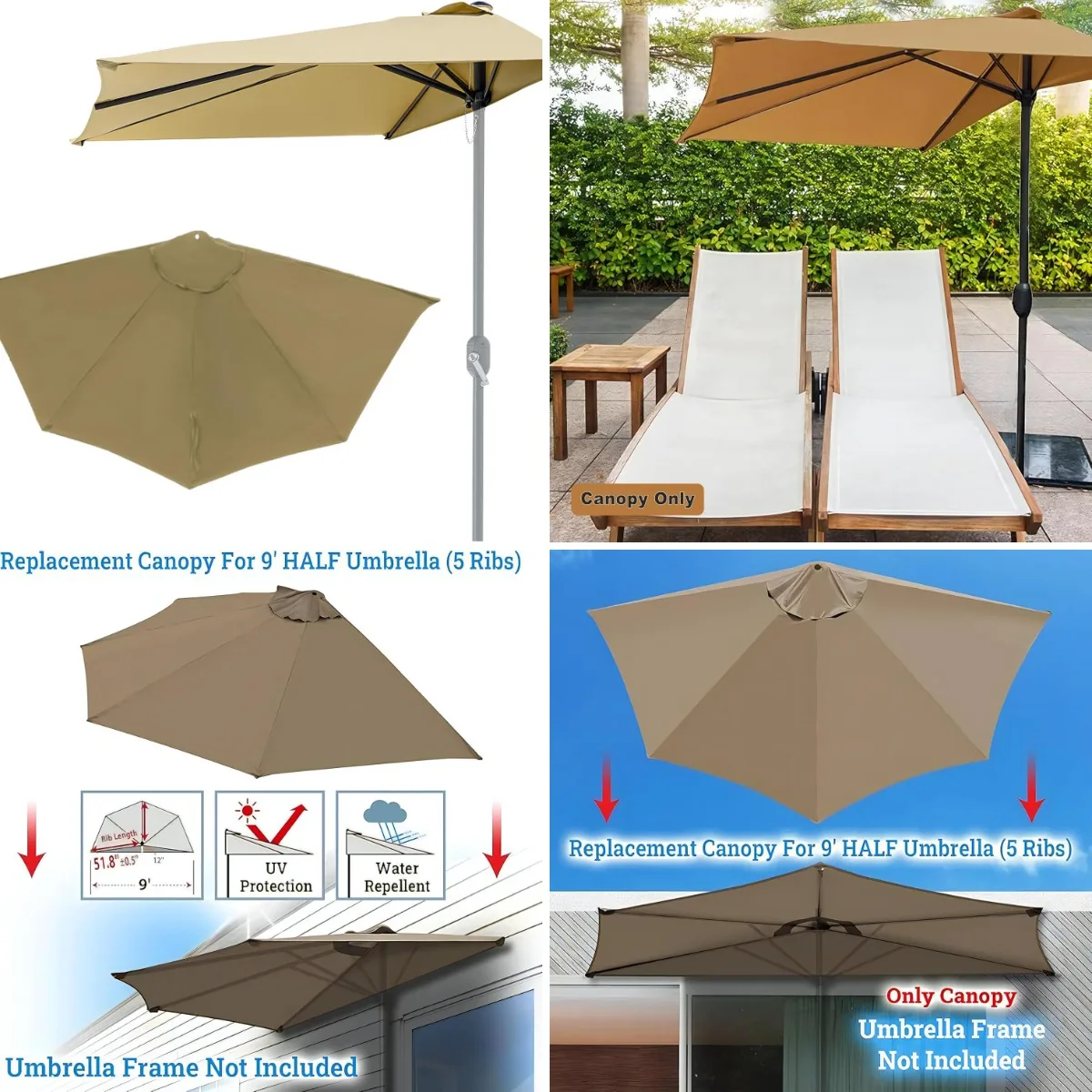 

Patio Umbrella Replacement - 9ft 5 Ribs Outdoor Half Umbrella Replacement Canopy, Table Market Yard Umbrella Replacement Top Cov