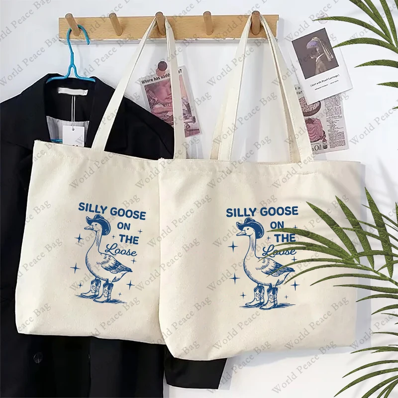 1 pc Silly Goose On The Loose pattern Tote Bag Canvas Shoulder Bag For Travel Daily Commute Women\'s Reusable Shopping Bag