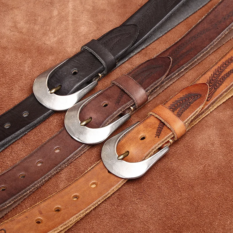 

3.8CM wide retro personality old embossed leather belt genuine leather first layer pure cowhide pin buckle belt men's