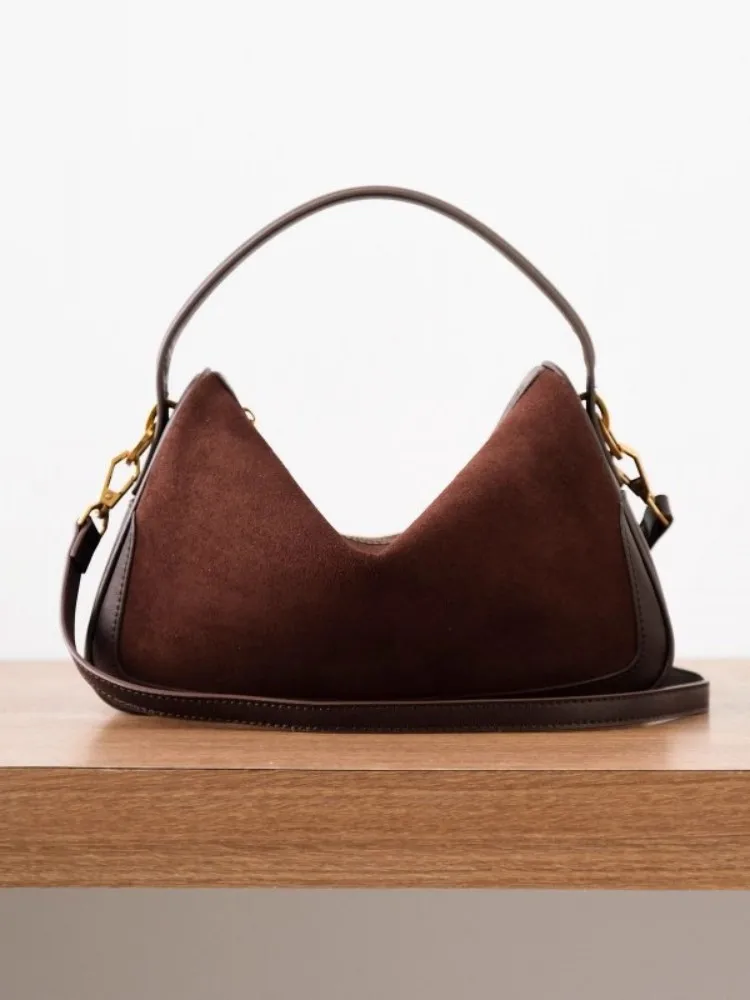 Office Ladies Elegant Suede Cowskin Genuine Leather Tote Handbag Women Spliced Design Single Shoulder Bag Vintage Messenger Bags
