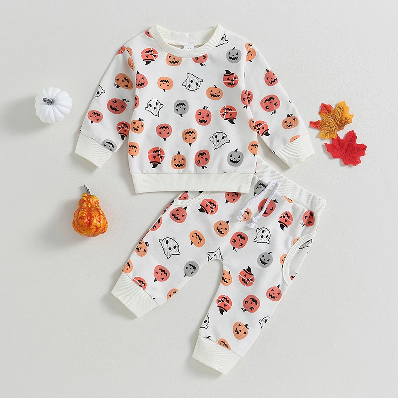 Infant 2-Piece Halloween Costume Set with Long Sleeve Pumpkin and Ghost Print Sweatshirt Pants - Adorable Baby Outfit